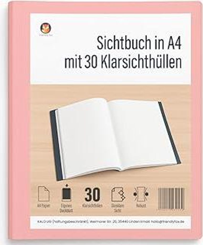 Friendly Fox Sichtbuch A4 mit Klarsichthüllen, Präsentationsmappe mit 30 Klarsichtfolien für 60 Sichten, Urkunden- oder Zeugnismappe, rosa