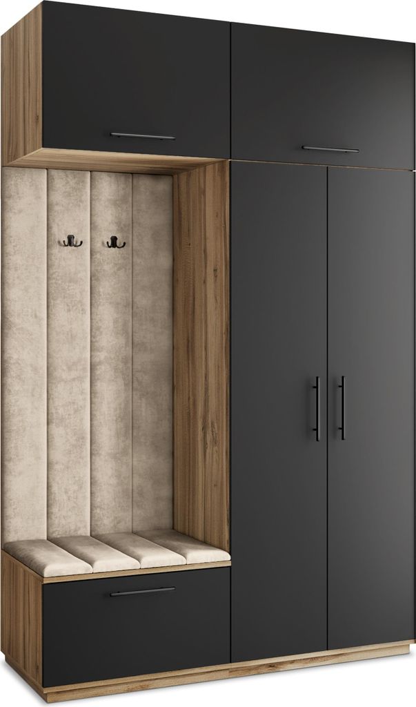 Masseno Garderobe-Set REMA 150/240/60 cm Modern Garderobenschrank Eiche Wotan, Veloursstoff MONOLITH 04 (Beige)