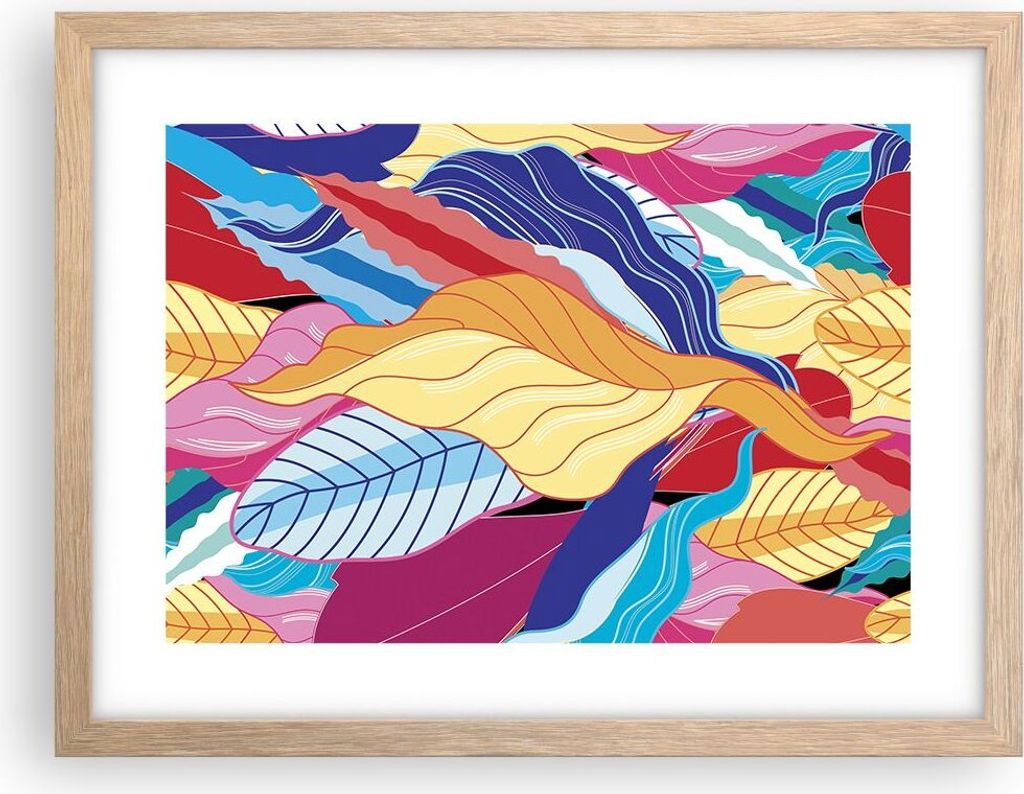 Gerahmtes Poster - Rahmen in heller Eiche - Muster Blätter bunt - 40x30 cm - Wand Bild - Wanddeko - Wandbilder - Wandposter - Bilderrahmen - Bilde...