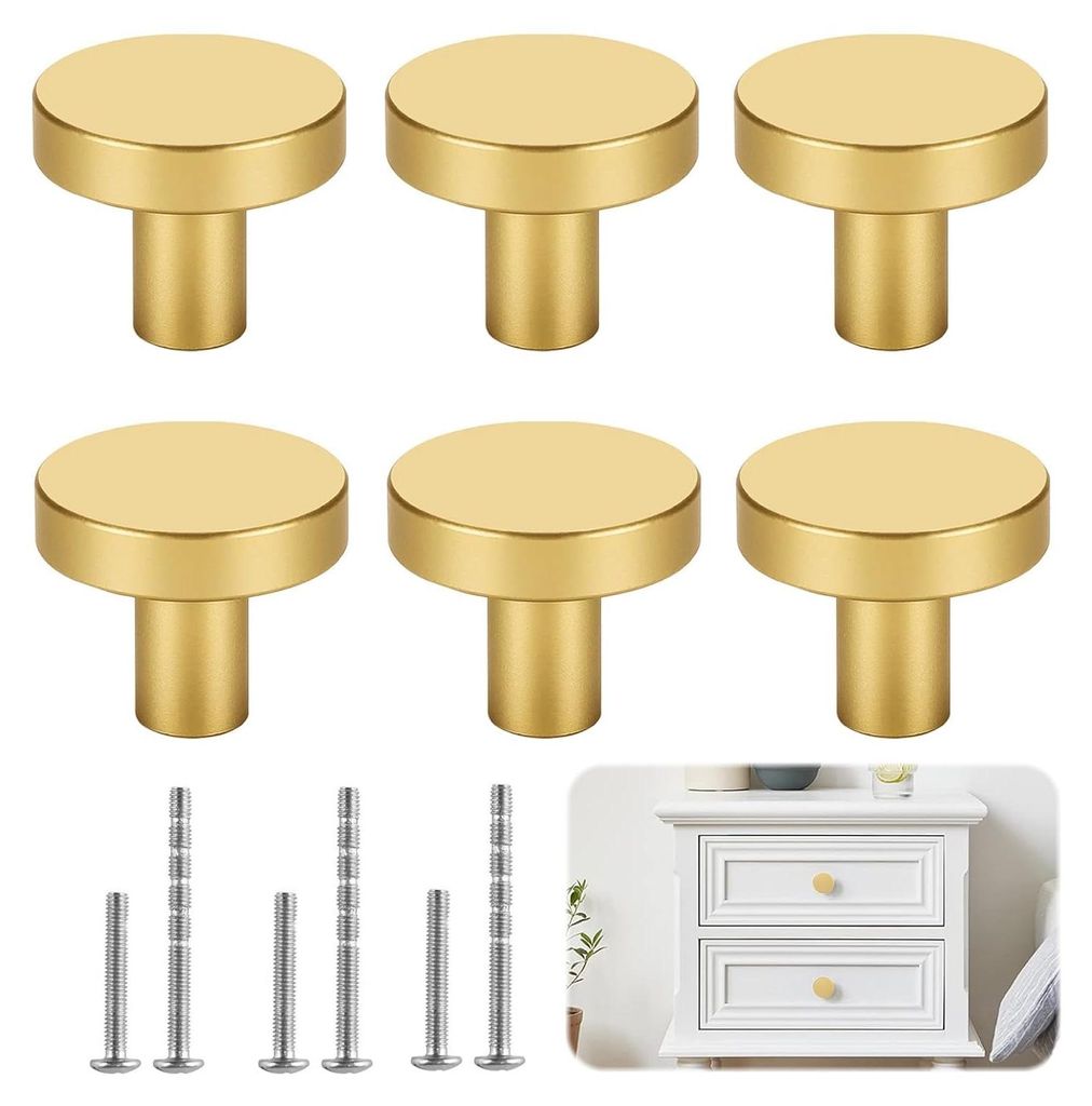Set mit 6 goldfarbenen Messing-Schrankknöpfen - Möbelgriffe im Vintage-Stil für Küchenschränke, Sideboards und Schubladen - moderne Schrankgri...