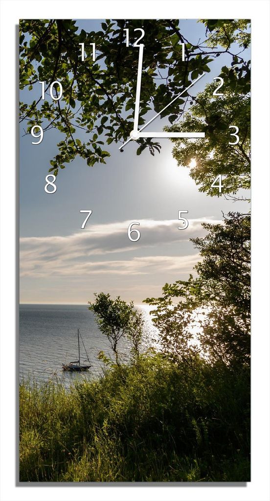 Wallario Design Wanduhr Blick aufs Wasser aus Echtglas, Größe 30 x 60 cm