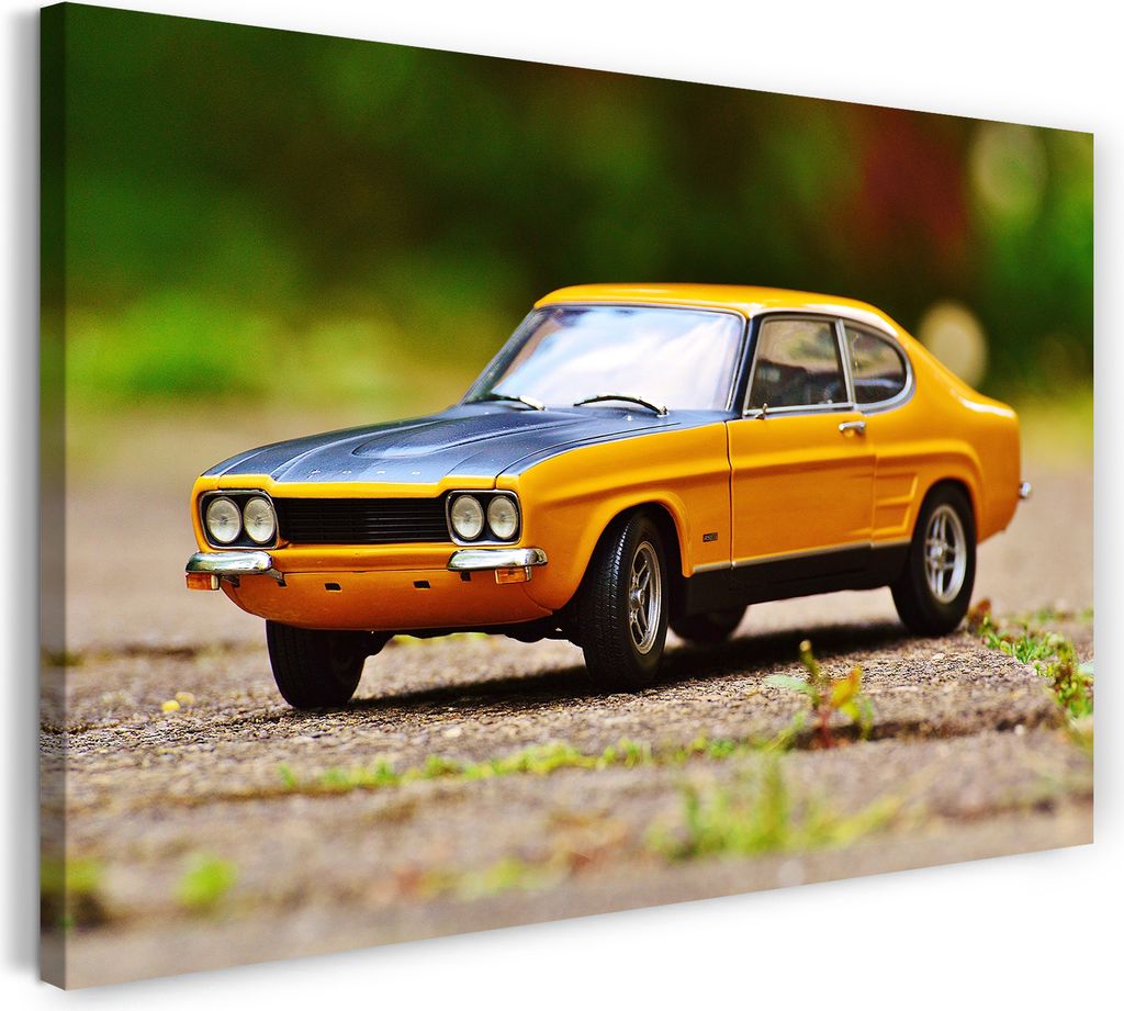 Leinwandbild (120x80cm): Autobilder Miniatur Ford gelb-schwarz, echter Holz-Keilrahmen inkl. Aufhänger, handgefertigt in Deutschland