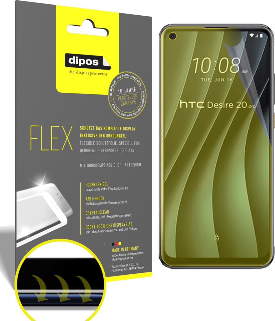 2x Schutzfolie für HTC Desire 20 Pro Folie, 100% Displayabdeckung, dipos Flex