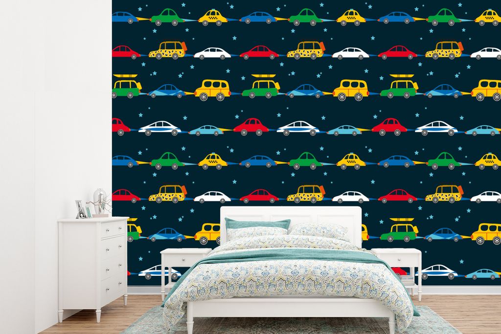 MuchoWow Fototapete für Wohnzimmer oder Schlafzimmer Wandtapete Vinyl Motivtapete Muster - Auto - Raumfahrt - Kind - Kinder - Kinder - 360x260 c...
