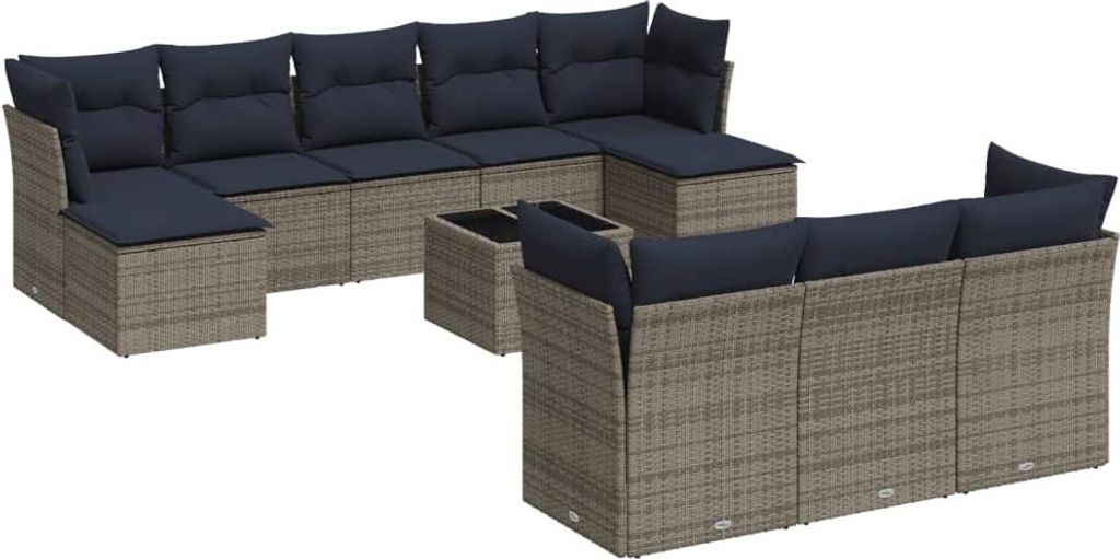 vidaXL 11-teiliges Gartensofa-Set mit Kissen, grau, Polyrattan