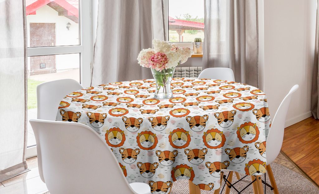 ABAKUHAUS Kindergarten Runde Tischdecke, Nursery Tiger Löwe-Karikatur, Kreis Tischdecke Abdeckung für Esszimmer Küche Dekoration, 150 cm, Mehrfa...