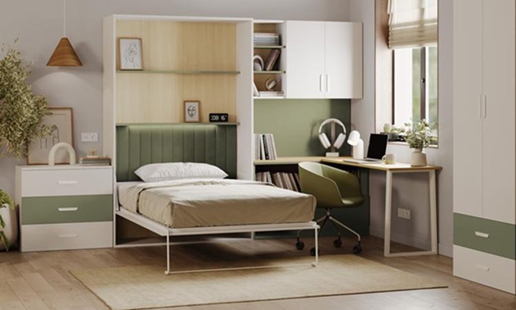 Schrankbett LUMINI FLEXY BED ,Multifunktionales, einklappbares Komfortbett – Arbeitsbereich, MIT Bonell Matratze (Cashmire + Oliwe Matt)