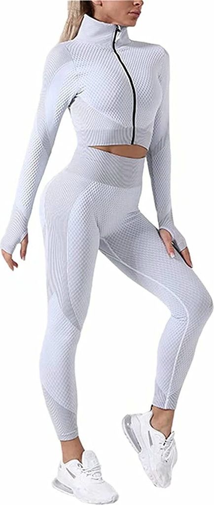ASKSA Damen Yoga Sportanzüge Langarm Crop Top + Leggings 2 Stücke Bekleidungs Sets Jogginganzug, Grau, XL