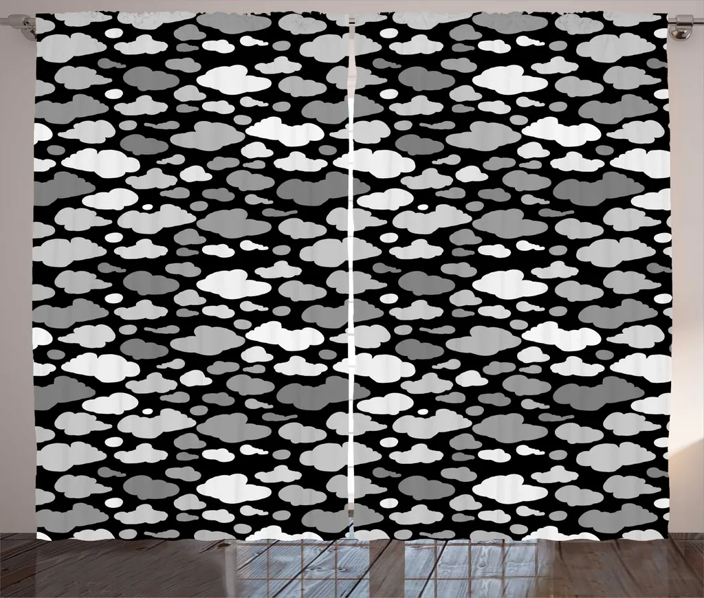 Rideau pour grand salon motif nuages 280x225 cm gris décor rustique