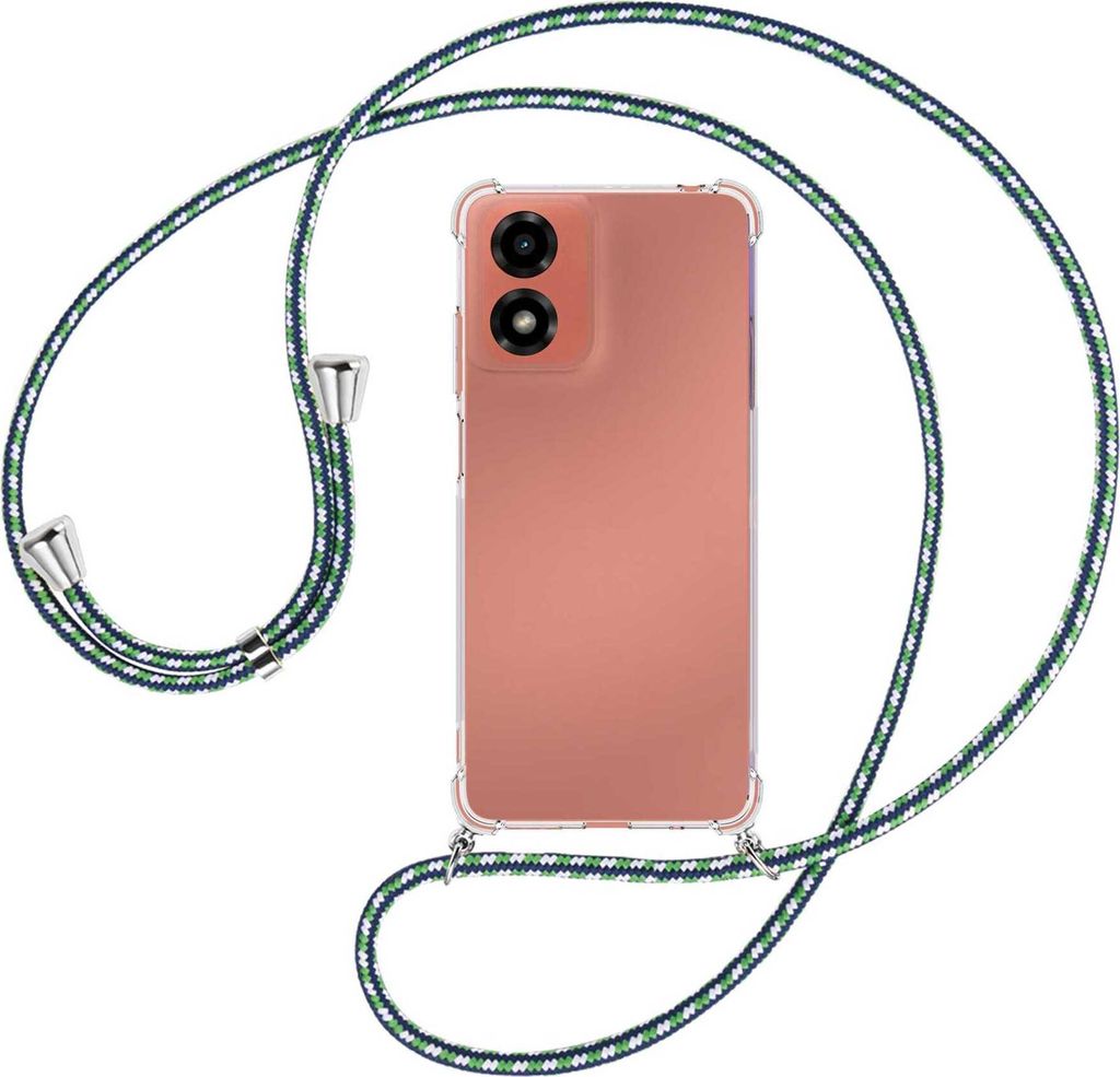 Handykette Backcover-Schutzhülle mit Band (Metall silberfarben) für Motorola Moto G04 / G04s - grün/blau/weiß