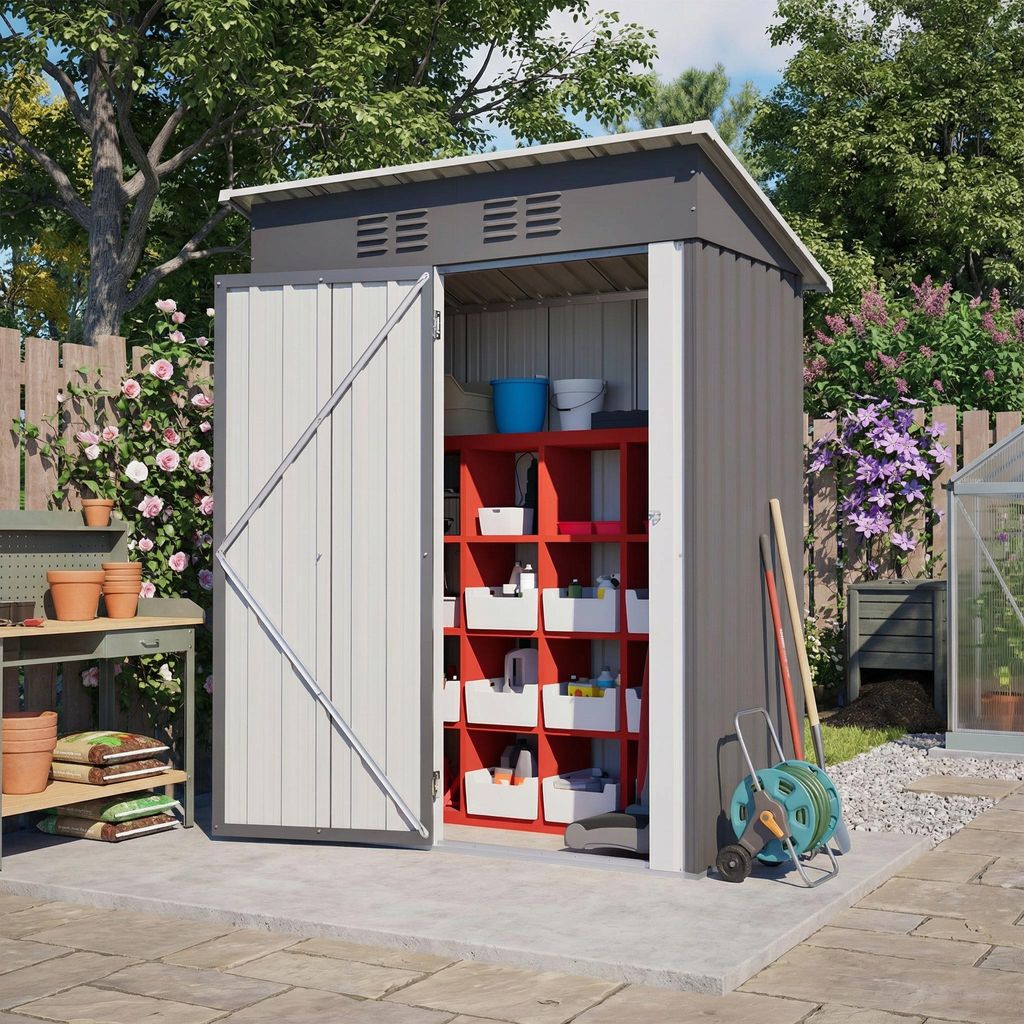 Geräteschuppen Gerätehaus Gartenhaus Metall XL Fundament Lagerschuppen mit Pultdach 1m³ Grau