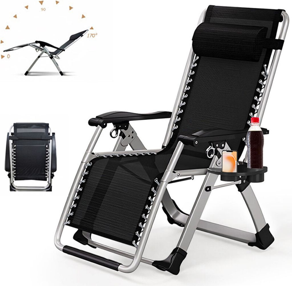 A black foldable zero gravity chair with a silver frame, shown in a reclined position with a drink and a small item on a side tray. There are inset images showing the chair folded and its reclining angles.