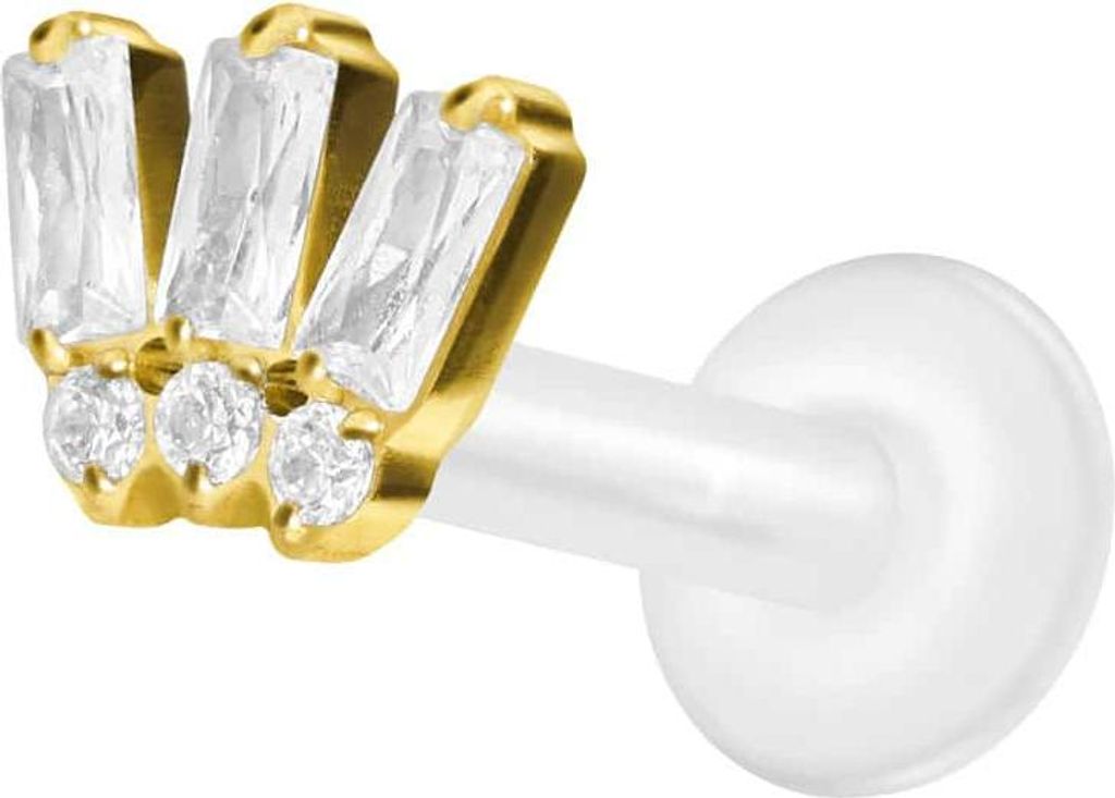 Ohrpiercing, Nasenpiercing PTFE Labret mit Innengewinde + Titan-Aufsatz 6 EINGEFASSTE KRISTALLE Gold Stablänge: 8mm | Stabstärke: 1,6mm