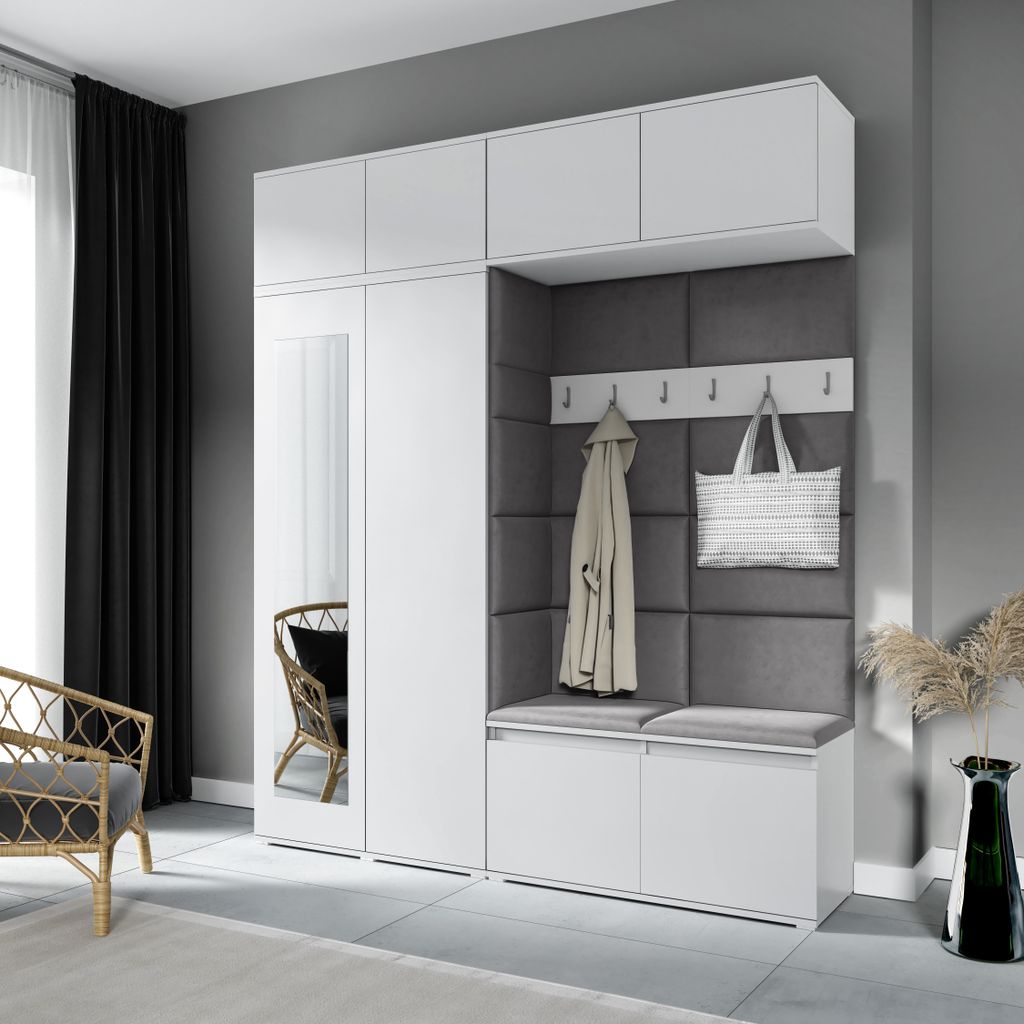 Garderoben-Set NIKOLA Kleiderschrank mit Polsterplatten, Schuhschrank und Schrankaufsatz 90 cm – Ideal für Flur und Eingangsbereich (Weiß, Trin...