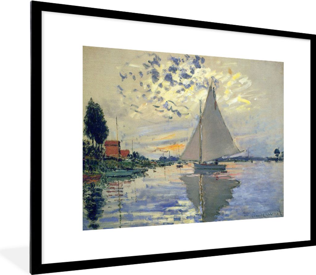 MuchoWow Gerahmtes Poster Segelboot bei Le Petit-Gennevilliers - Gemälde von Claude Monet 80x60 cm - Poster mit Schwarzem Bilderrahmen Wandposte...