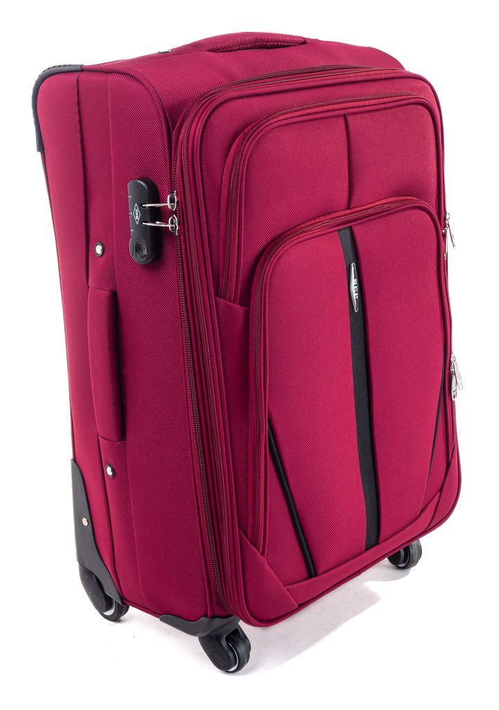 A studio shot of a dark red suitcase on a white background.