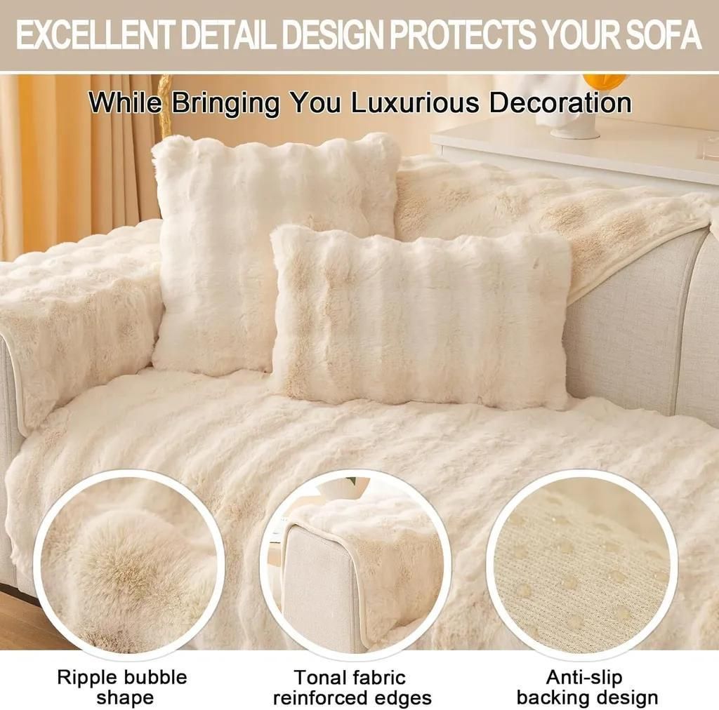 Kaninchen Plüsch Kissenabdeckung ,L Form Sofa , Universelle rutschfeste Sofaschoner Taille Kissenbezug, für Wohnzimmer/Büro,Cremeweiß,45*45cm