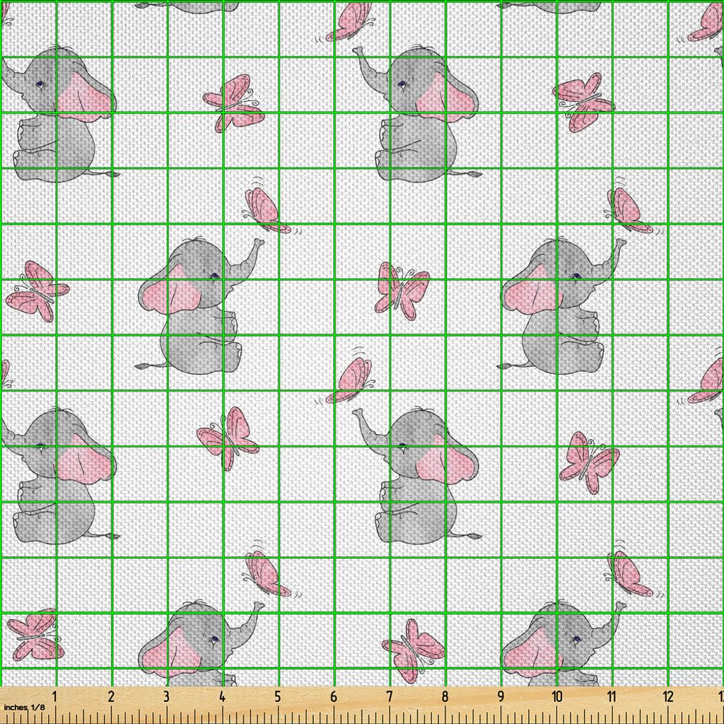 ABAKUHAUS Elephant Nursery Satin Stoff als Meterware, Baby-Elefanten, die mit Schmetterlings-Entwurfs-reizendem Muster spielen, 2 M (148 x 200 cm),...