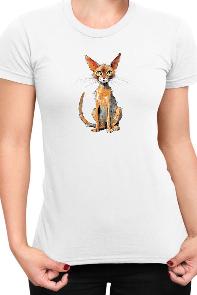 Damen T-Shirt Funny Cats Breeds Abyssinian Cat 006, Lady M / Weiß