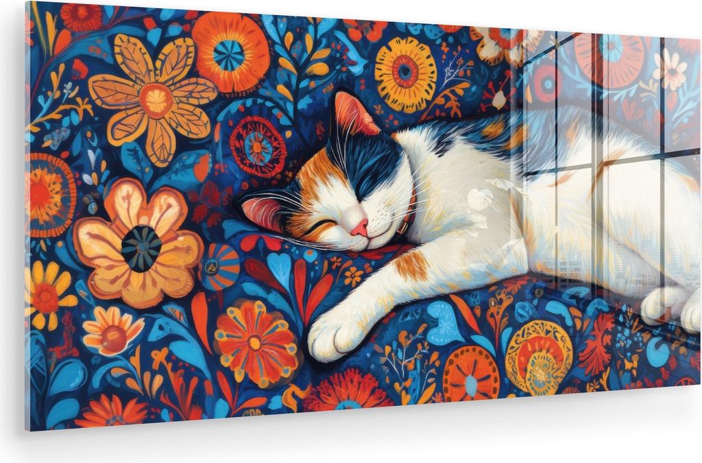 MuchoWow Glasbilder - Bilder auf Wandbild - Foto auf Glas Katze - Blumenmuster - Blau - Orange 80x40 cm Wanddekoration aus Glas - Acrylglasbild - A...