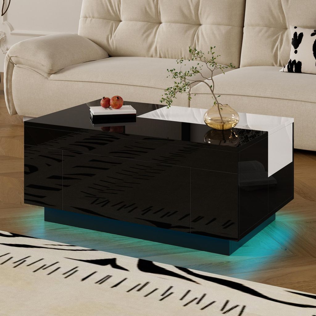 Merax Hochglanz-Couchtisch mit LED-Beleuchtung, ausziehbare Sofatisch mit Schublade, Bluetooth-App, 16 Farben Lichtband, moderner Couchtisch Schwarz