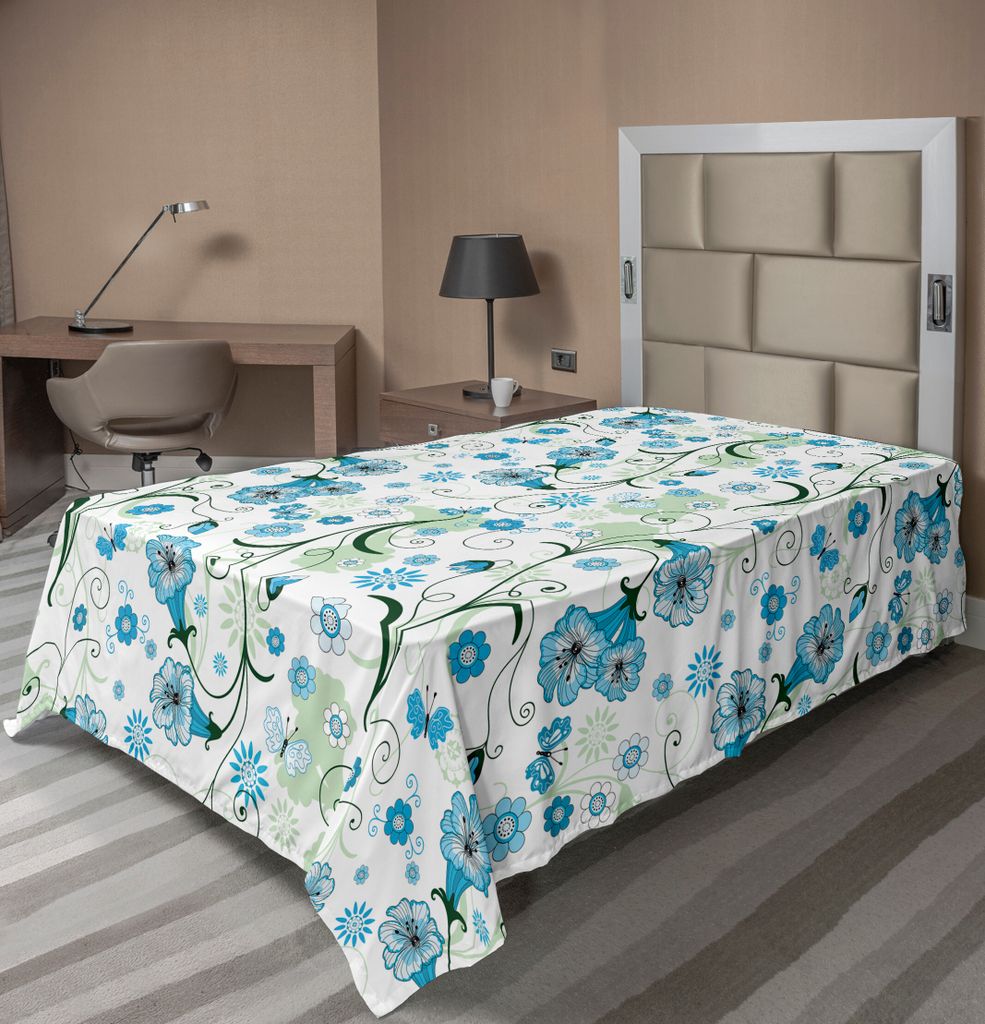 ABAKUHAUS Blumen Bettlaken, Blühende Frühlingssaison Pflanzen mit Silhouetten Hintergrund, weiches bequemes oberes Bettlaken für ein dekoratives...