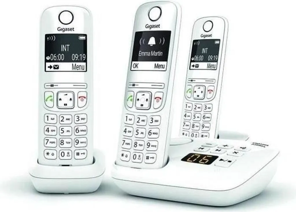 Telefono fisso cordless Gigaset AS690 A Trio, bianco, 2 ricevitori, 20 suonerie, vivavoce, display monocromatico