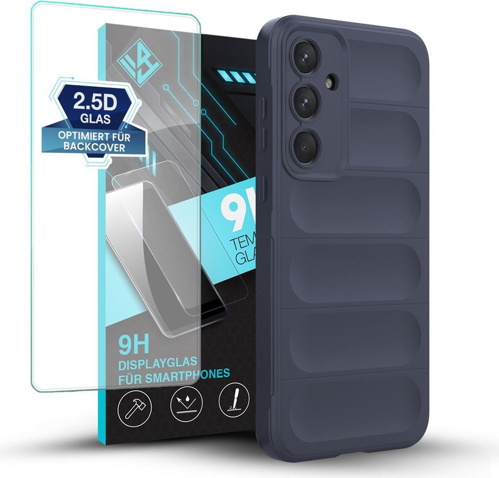 Handy Hülle für Samsung Galaxy A35 5G mit 9H Displayglas Displayschutz Plus Grip Case Cover Schutzhülle Softgrip Farbe: Dunkelblau