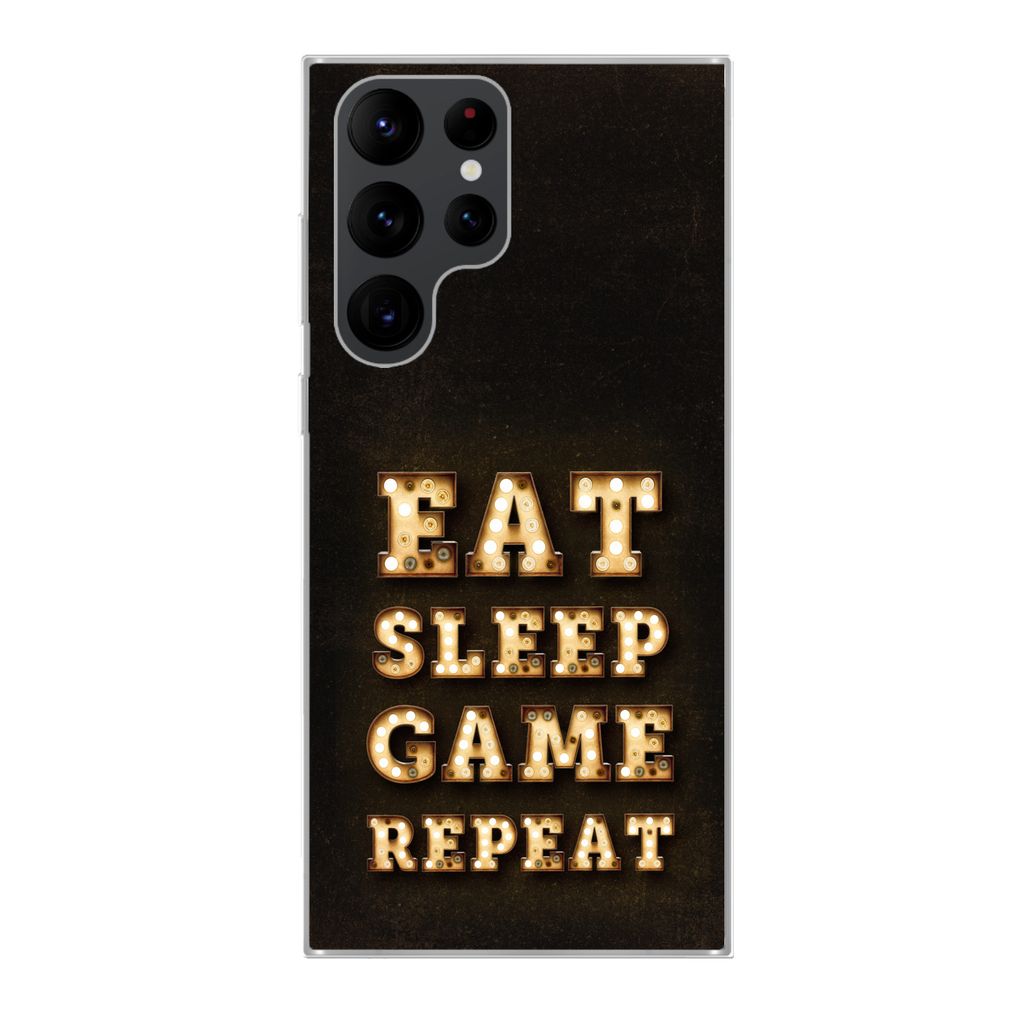 MuchoWow Handyhülle Schutzhülle Hülle für Samsung Galaxy S22 Ultra Spiele - Spiele - Zitate - Sprichwörter - Eat sleep game repeat Silikon S...