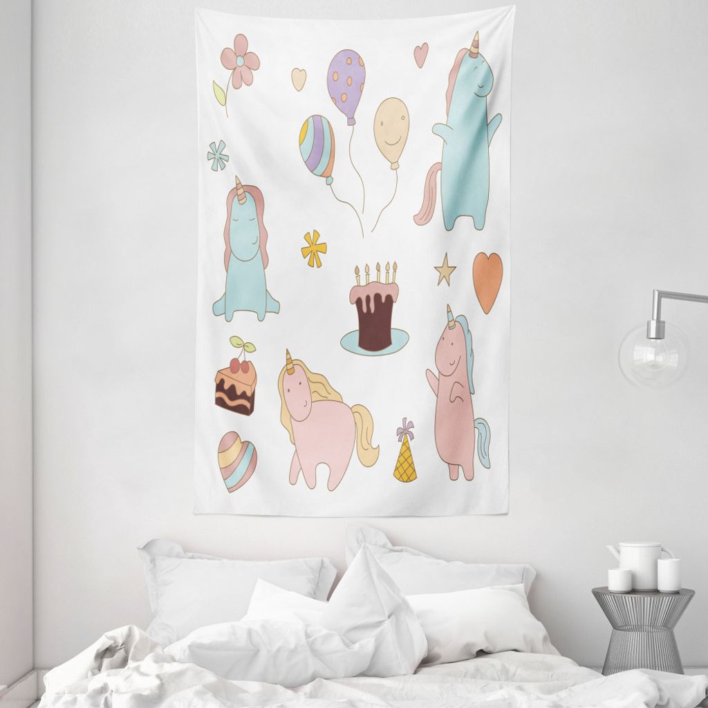 ABAKUHAUS Unicorn-Party Wandteppich und Tagesdecke, Geburtstags-Tiere aus Weiches Mikrofaser Stoff Waschbar ohne Verblassen Digitaldruck, 140 x 230...