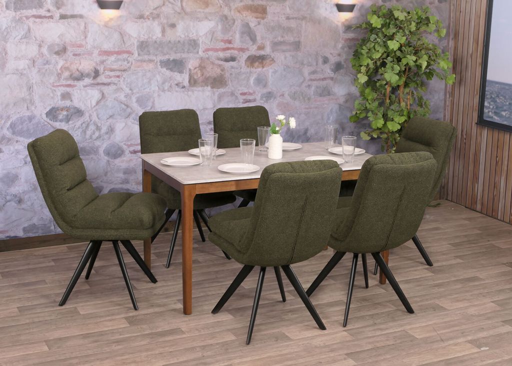 6er-Set Esszimmerstuhl HWC-G66, Küchenstuhl, drehbar Auto-Position Stoff/Textil Bouclé MVG grün