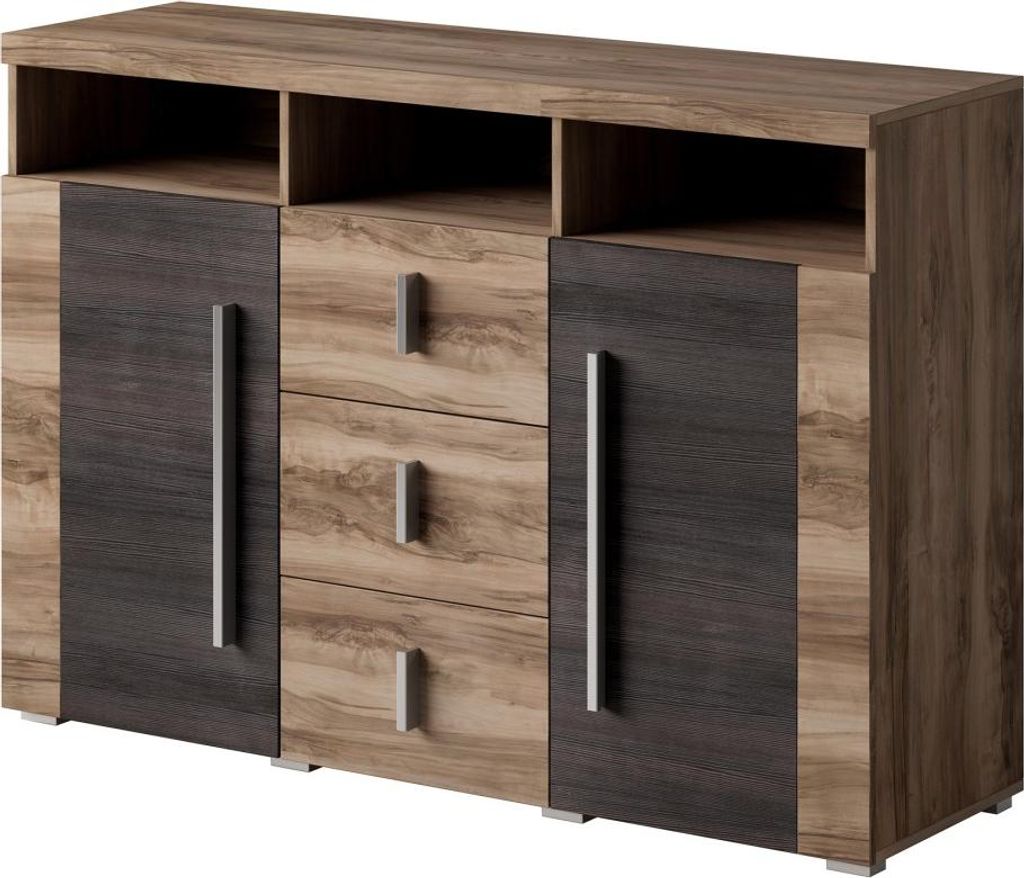 Buffet BRAZZA 2 Türen 3 Schubladen – Farbe: Satin Nussbaum – Offene Fächer – 132 cm
