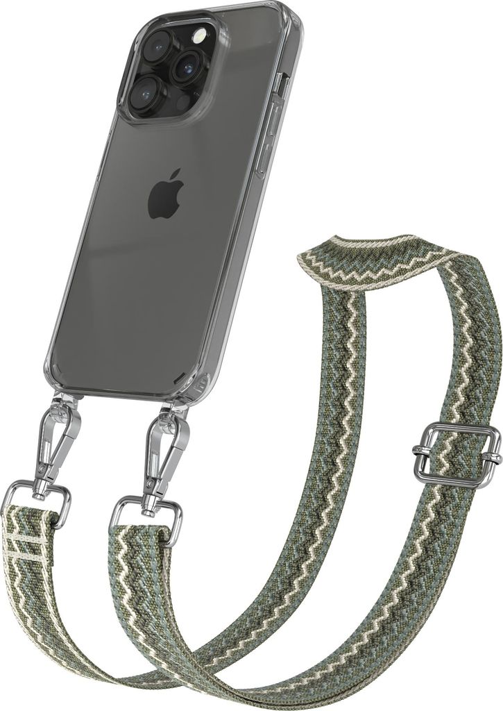 Apple iPhone 14 Pro Chain Eyelets Slim Neck Strap Set Wave Style 07 Green/Beige 04 Metall Silver