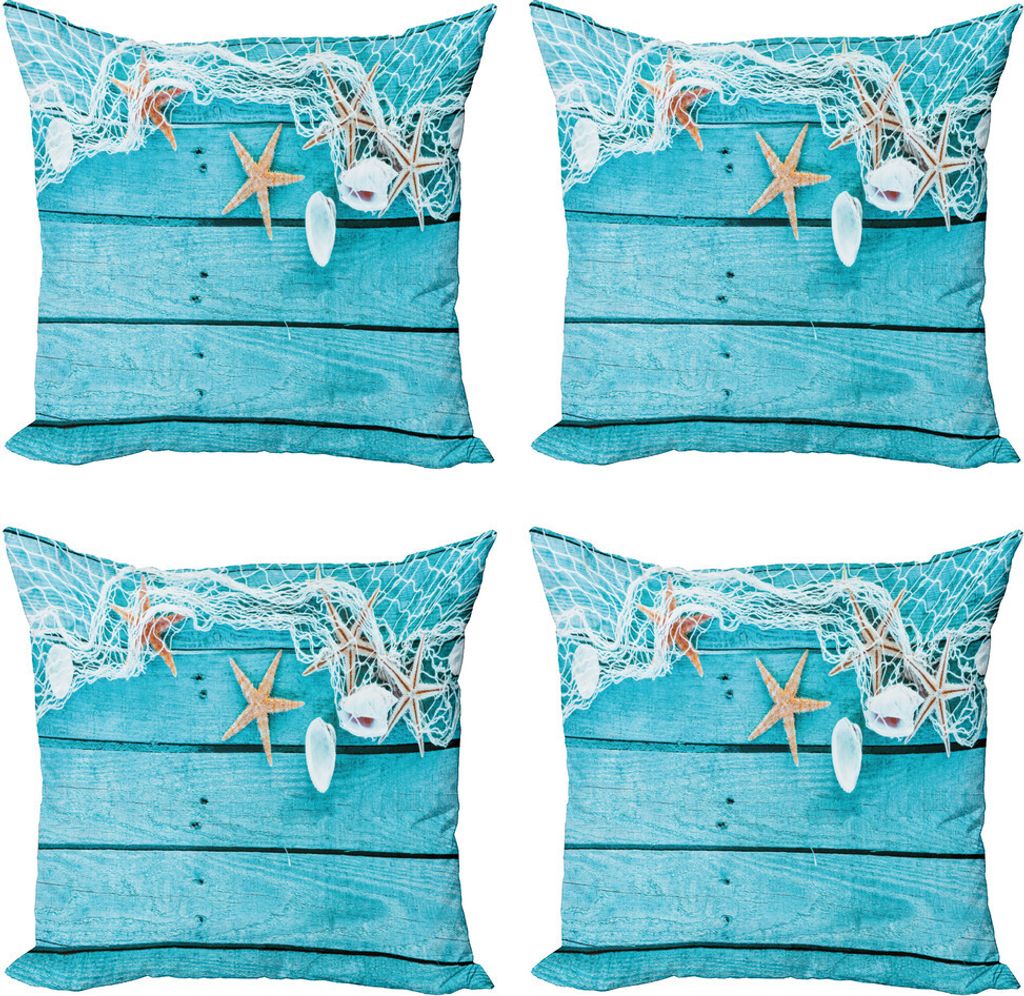 ABAKUHAUS maritim Kissenbezug Set (4 Stück), Nautik Muscheln und Net, Moderner Doppelseitiger Digitaldruck, 60 cm x 60 cm, Aqua und Tan