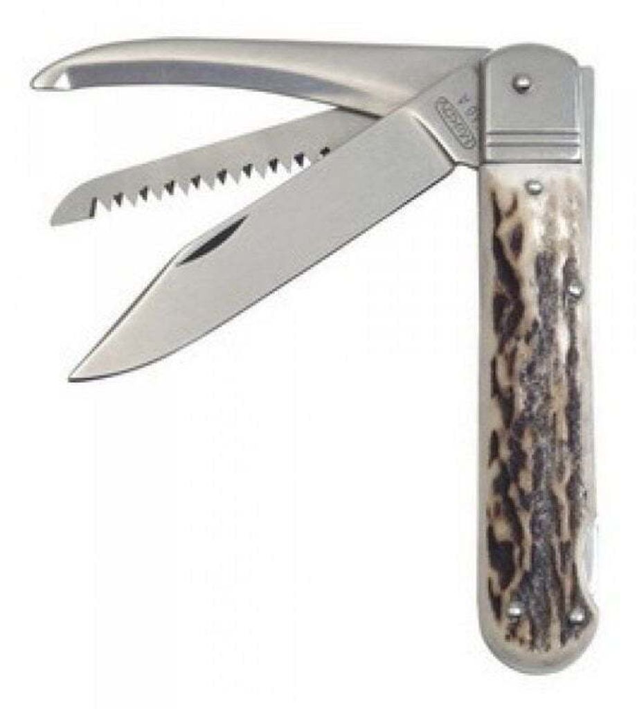 A folding knife with multiple blades, including a main blade and a saw blade, is shown against a white background.