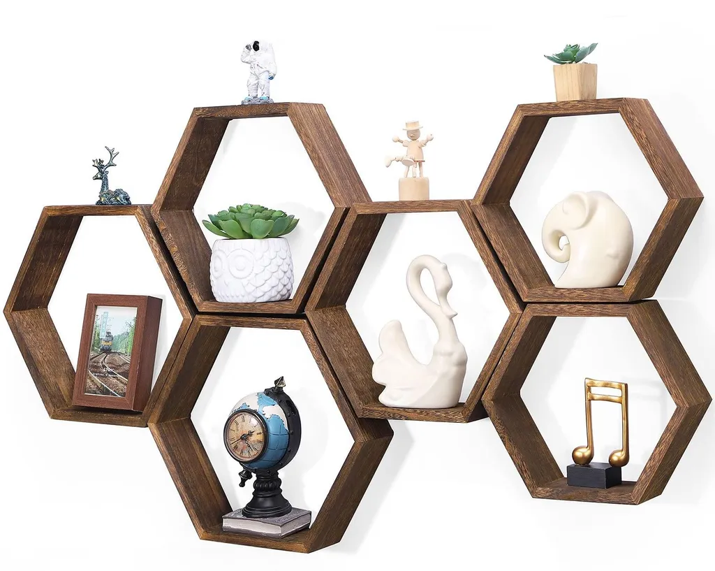 Étagères suspendues hexagonales pour plantes et déco, lot de 6 bois brun