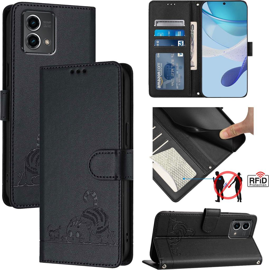 Leder Hülle für Motorola Moto G Stylus 5G (2024) Süße Katze Flip Case Brieftasche Schutzhülle mit Standfunktion Schwarz
