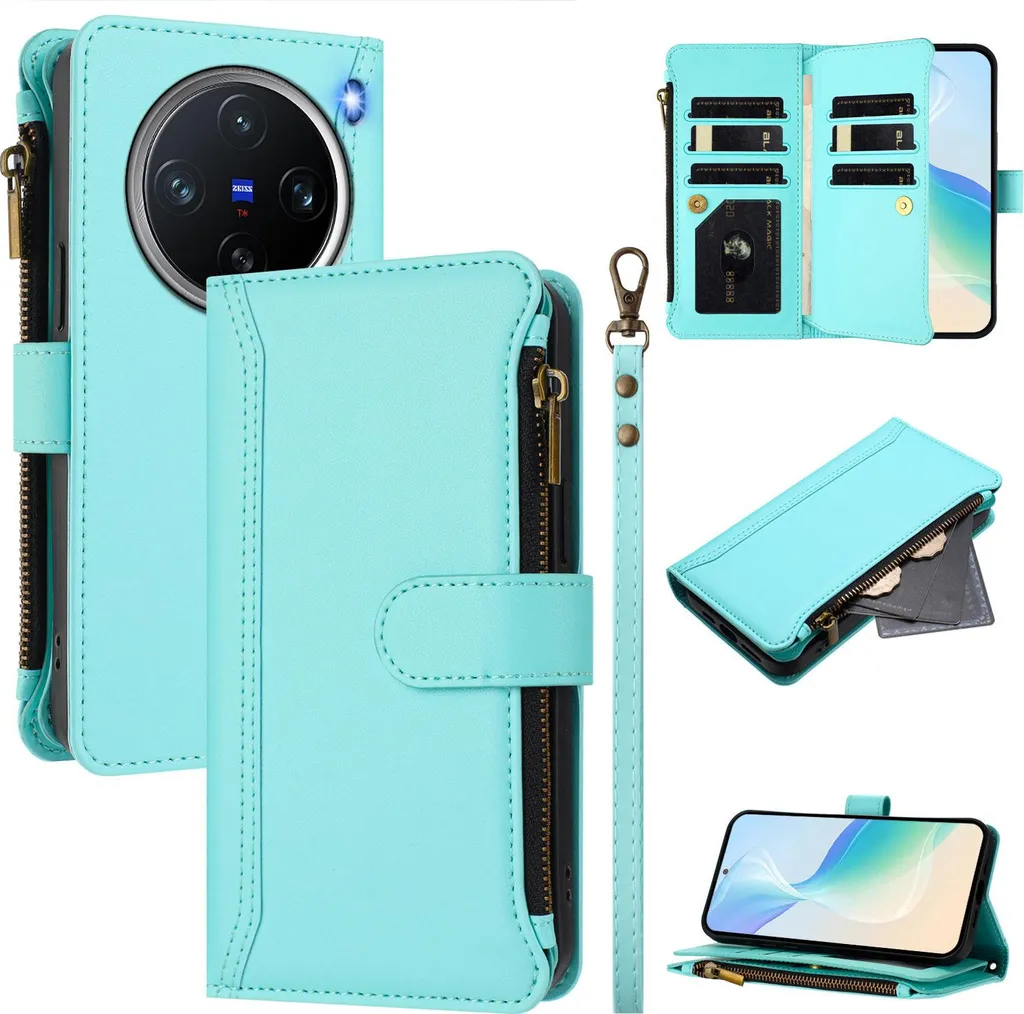 Custodia Vivo X200 Pro Mini con Cerniera e Portafoglio Verde Menta
