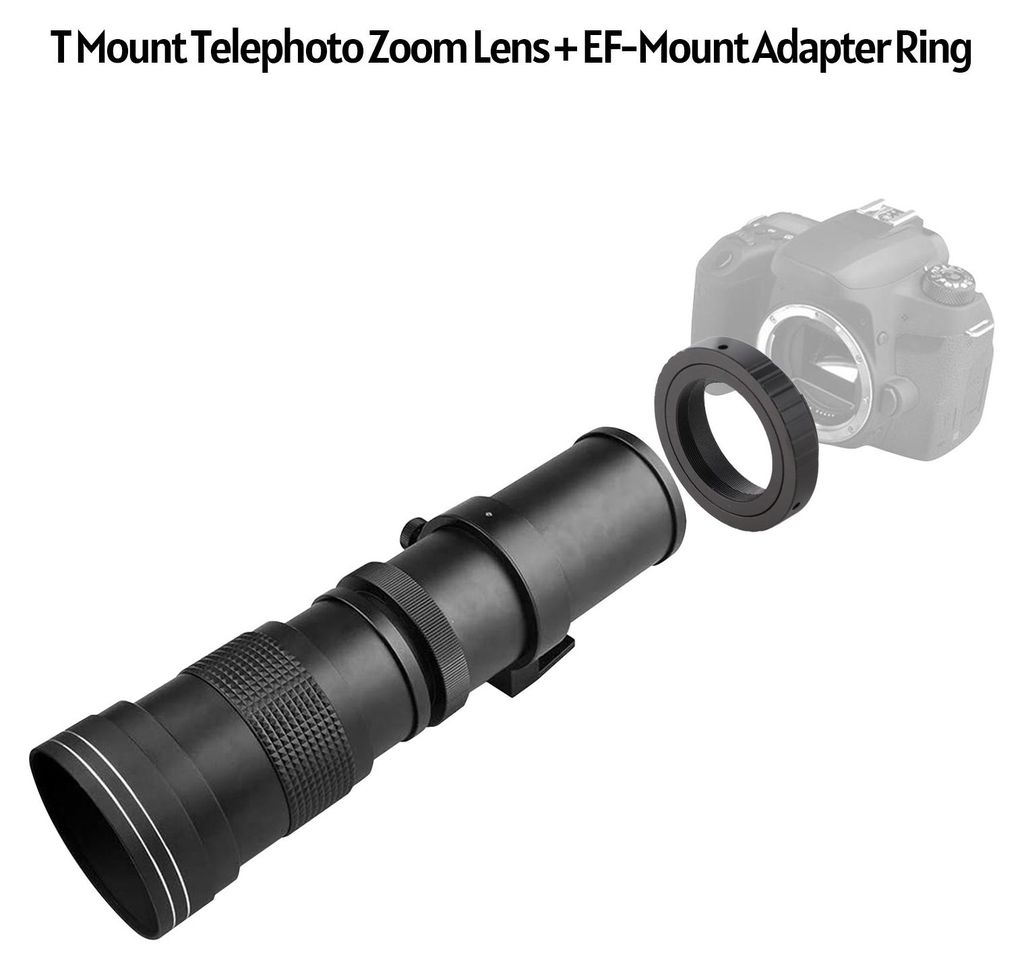 Kamera-Super-Teleobjektiv mit T-Mount-Adapterring-Set, manuell fokussierbares Super-Zoom-Objektiv mit 1/4-Zoll-Gewindebohrung für EF-Mount, 80D, 7...