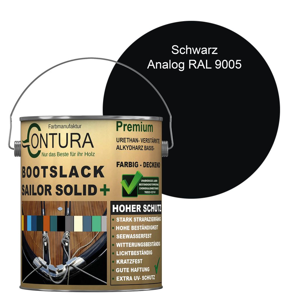 Contura Bootslack 2,5Liter Farbig Glänzend Yacht- Buntlack Metall Holz GFK Holzlack Schiffslack RAL Boot - Schwarz - RAL 9005 Analog
