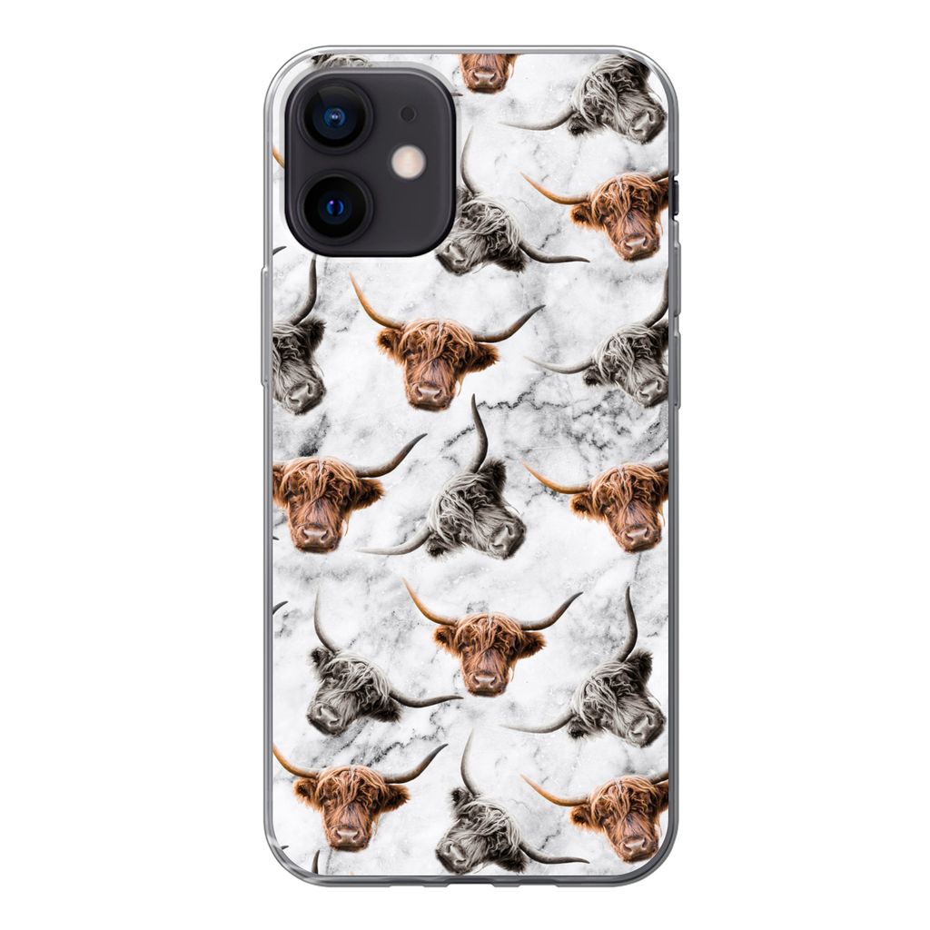 MuchoWow Handyhülle Schutzhülle Hülle für iPhone 12 Schottischer Highlander - Kuh - Marmor Silikon Softcase Handy Hülle - Schutzhülle