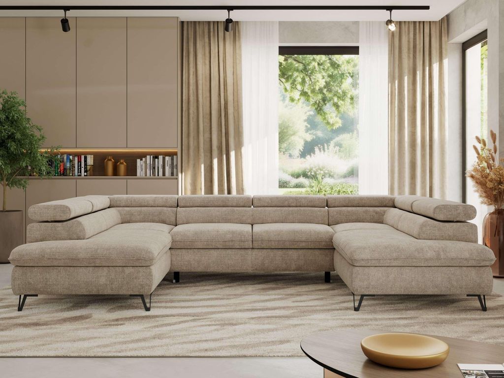 Ecksofa mit Schlaffunktion, Bettkasten, U-form, einstellbare Kopfstützen, Wohnzimmersofa - PABLO U - Schenille grob - Beige