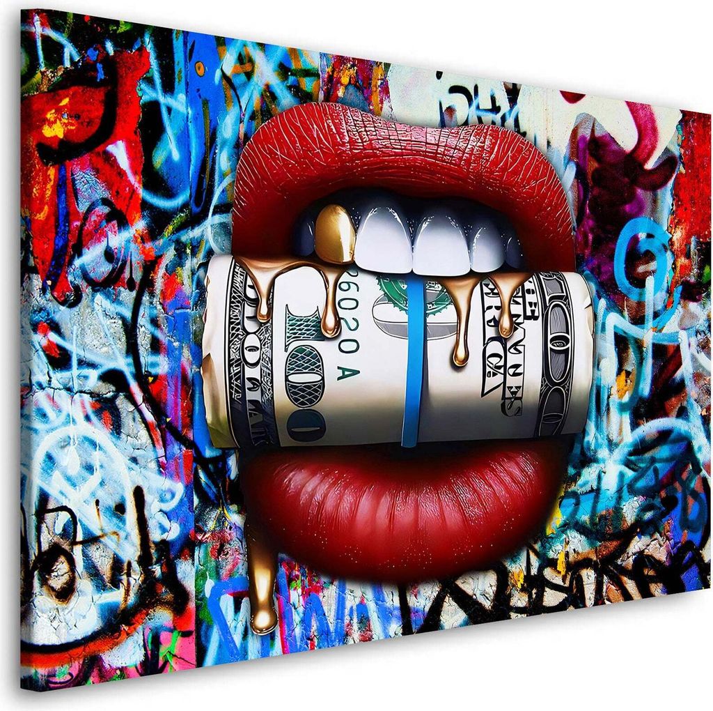 Money rote Lippen Graffiti Wandbild Leinwandbild Kunstdruck XXL Deko: 60x40x2cm