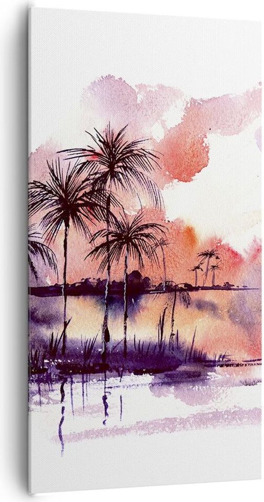 Bild auf Leinwand - Leinwandbild - Tropen Palmen Illustration Pflanze - 65x120cm - Wand Bild - Wanddeko - Leinwanddruck - Bilder - Kunstdruck - Lei...