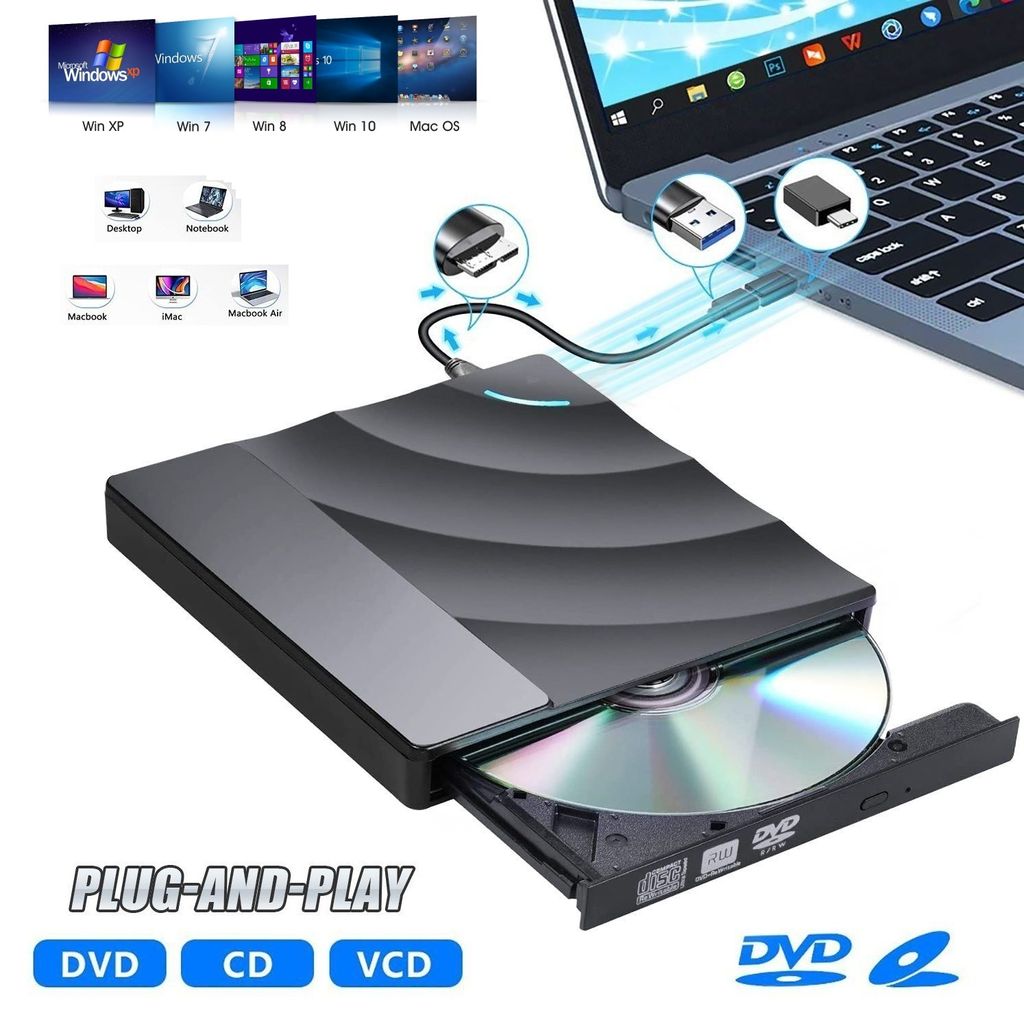 Externes CD DVD Laufwerk, WELIKERA Tragbarer DVD/CD Brenner mit USB 3.0 und Type-C, DVD Brenner Plug and Play für Laptop, Desktop Mac, iOS, Window...