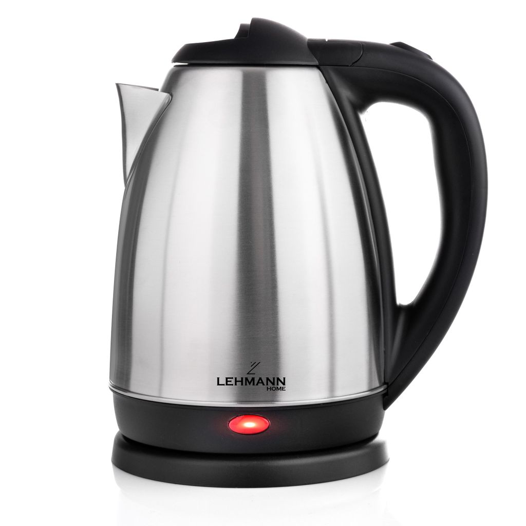 A stainless steel electric kettle with a black base and handle, on a white background.