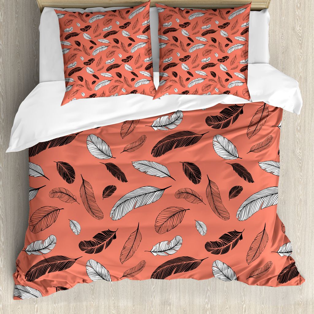 ABAKUHAUS Retro Bettbezug Set für Einzelbetten, Bohemian Hand gezeichnete Federn, Milbensicher Allergiker geeignet mit Kissenbezug, 155 cm x 220 c...