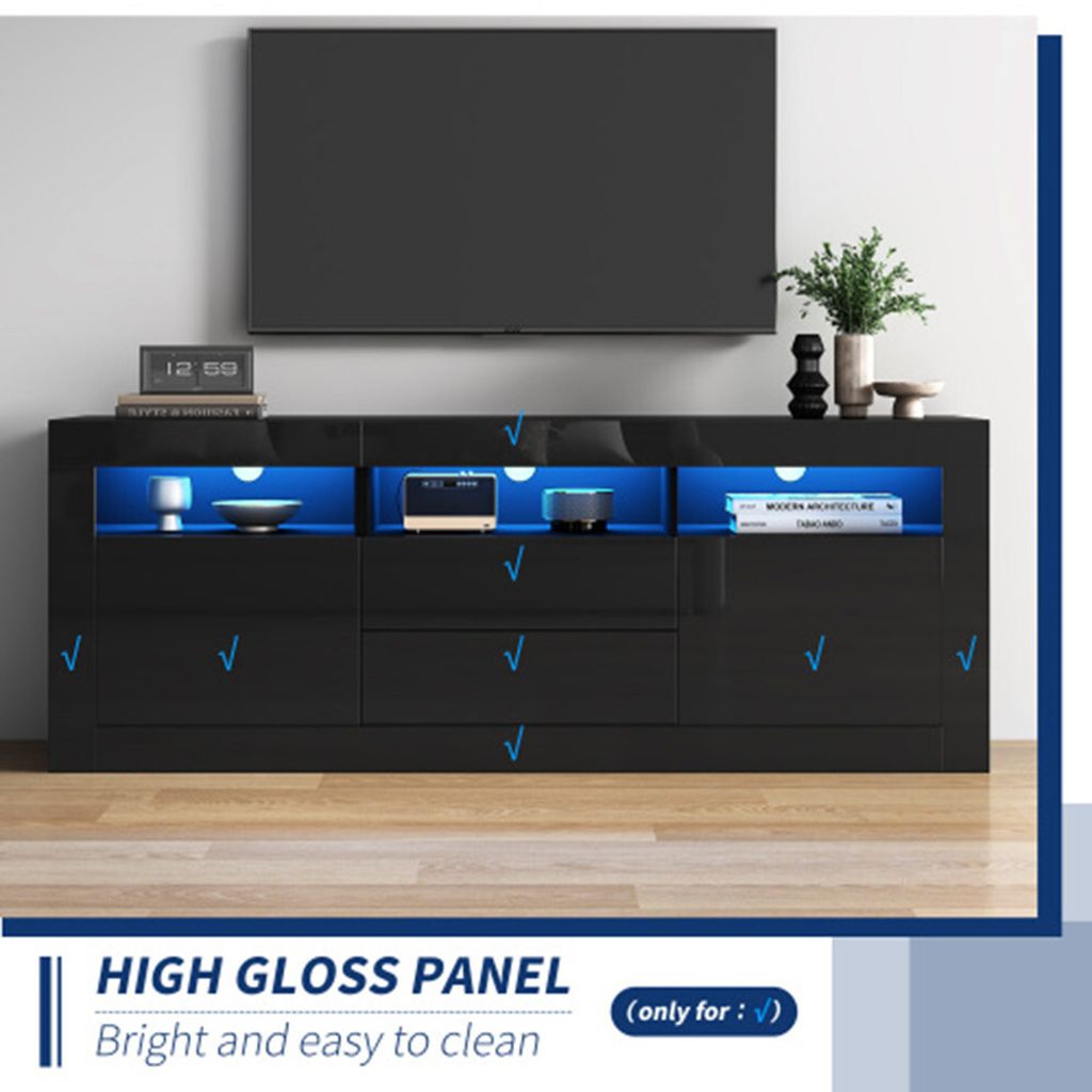 TV-Schrank mit LED-Beleuchtung, 3 offenen Fächern, 2 Schubladen, Smart App Steuerung, für 70-Zoll-Fernseher,Hochglanz-TV-Ständer