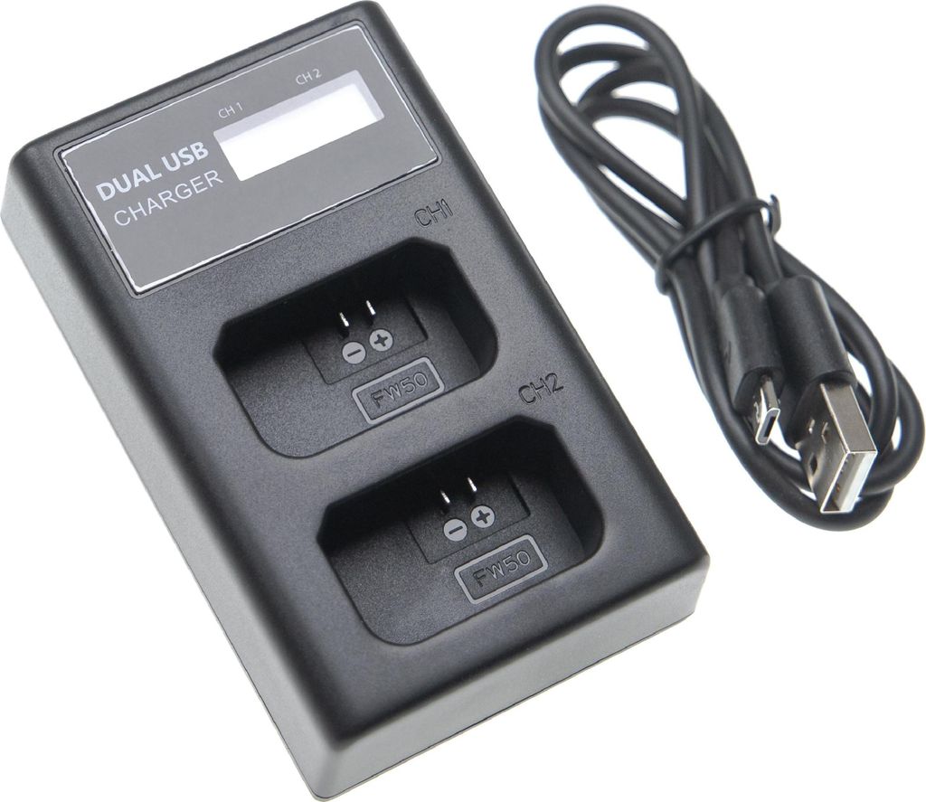 vhbw Dual Micro-USB + USB-C Ladegerät kompatibel mit Sony NEX-7KB, NEX-C3, NEX-7K Kamera - Ladeschale + Micro-USB Kabel Ladeanzeige + Display
