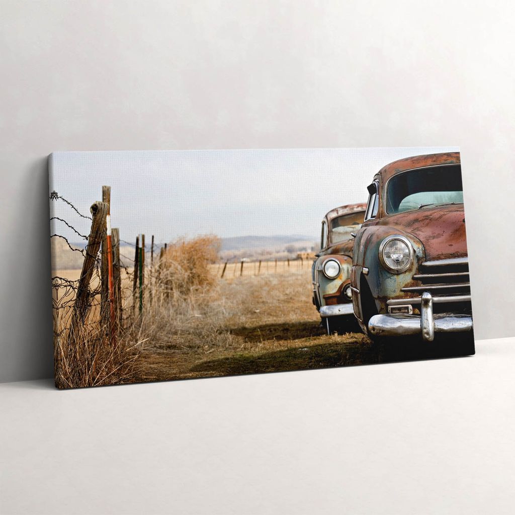 Alte verlassene Autos – Leinwandbild Wandbild – 120x60 cm – Leinwandbilder – Wandbilder – Schlafzimmer – Flur